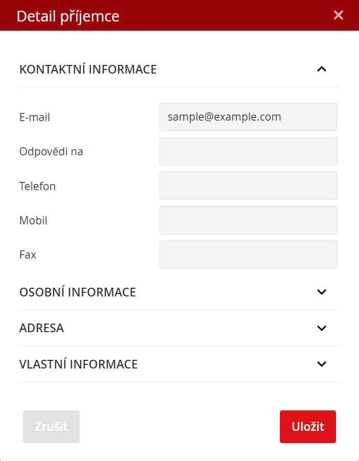 Detail příjemce – kontaktní informace